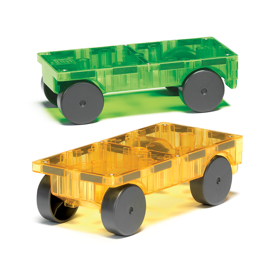 Magnetic magna tiles 2 magnetische autos groen en geel met transparante kunststof chassis en grijze wielen