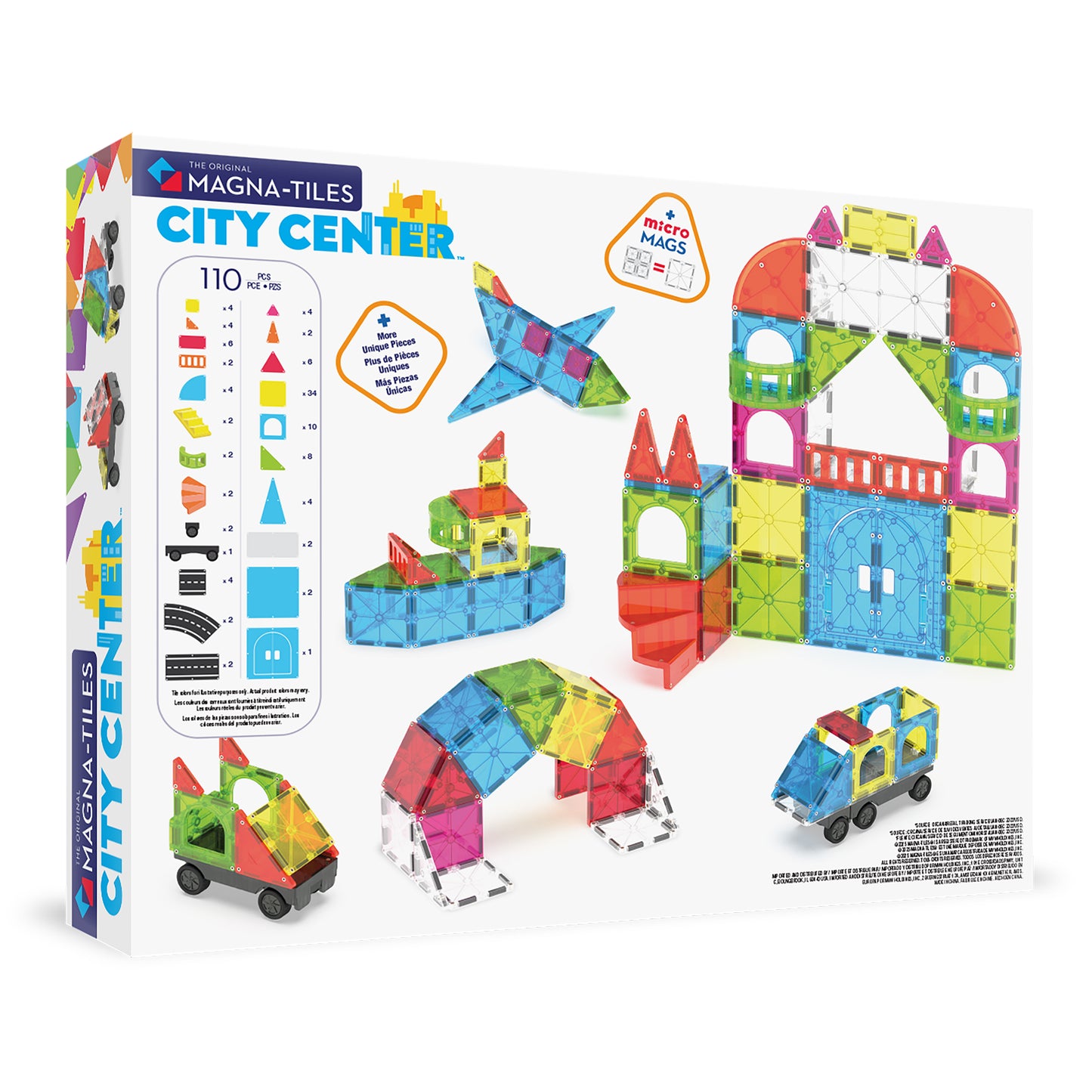Magnetic magna tiles City Center achterzijde doos met MicroMags onderdelen en bouwvoorbeelden