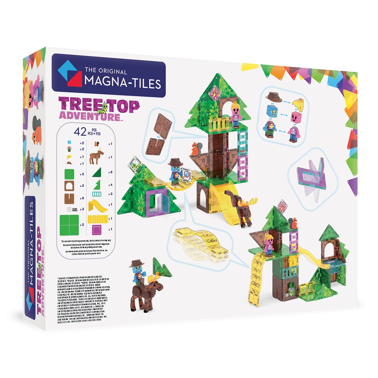 Magnetic magna tiles achterzijde doos met 42 magnetische onderdelen overzicht en bouwvoorbeeld