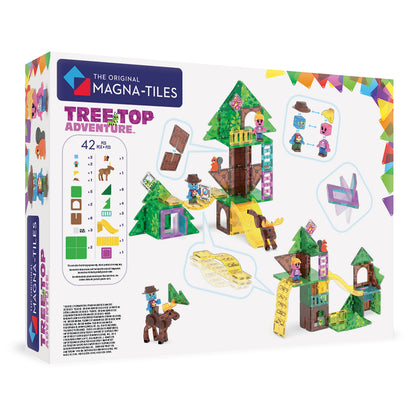 Magnetic magna tiles achterzijde doos met 42 magnetische onderdelen overzicht en bouwvoorbeeld