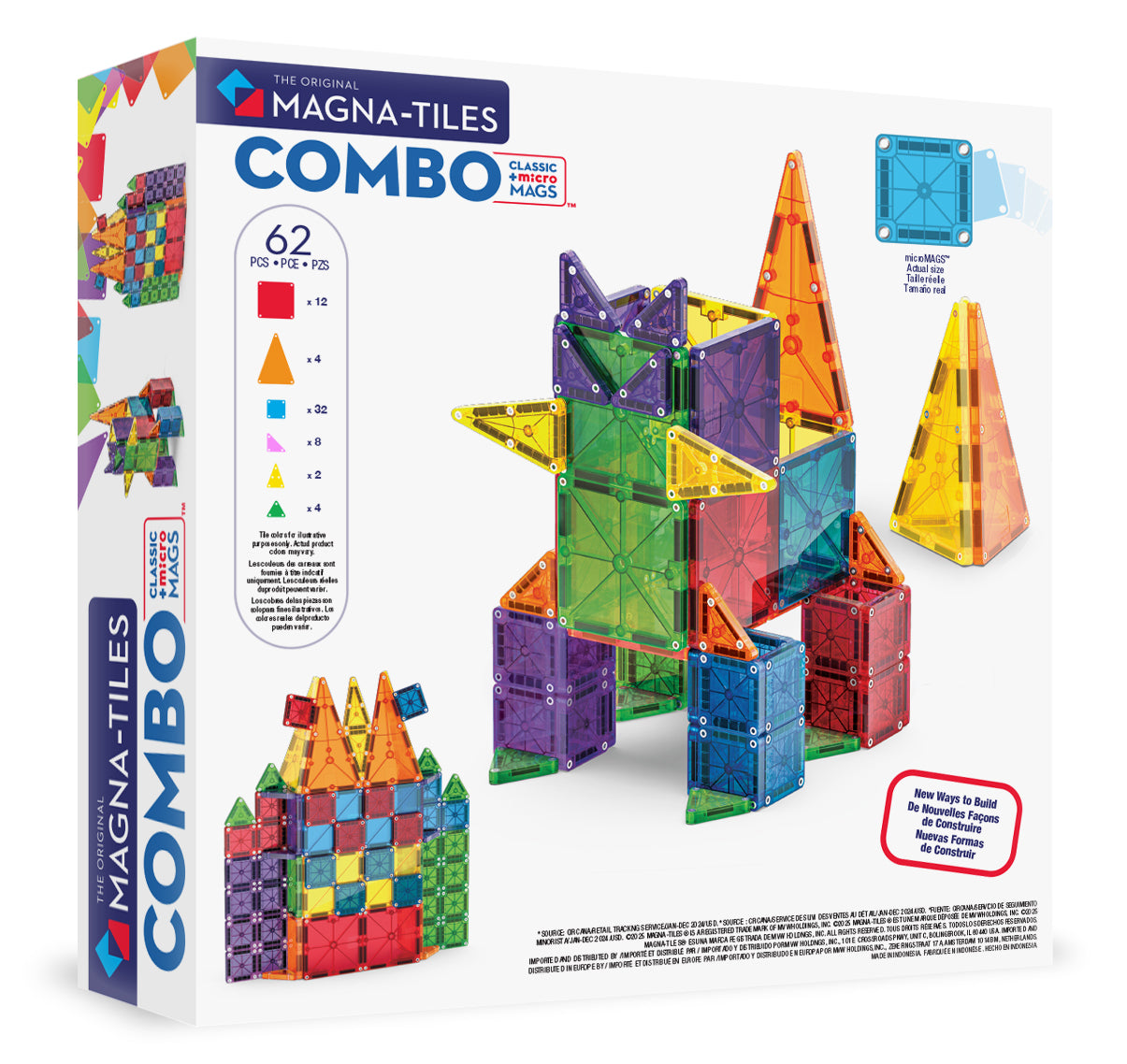 Magnetic magna tiles combo achterzijde verpakking met MicroMAGS en 62 stuks inhoud specificatie