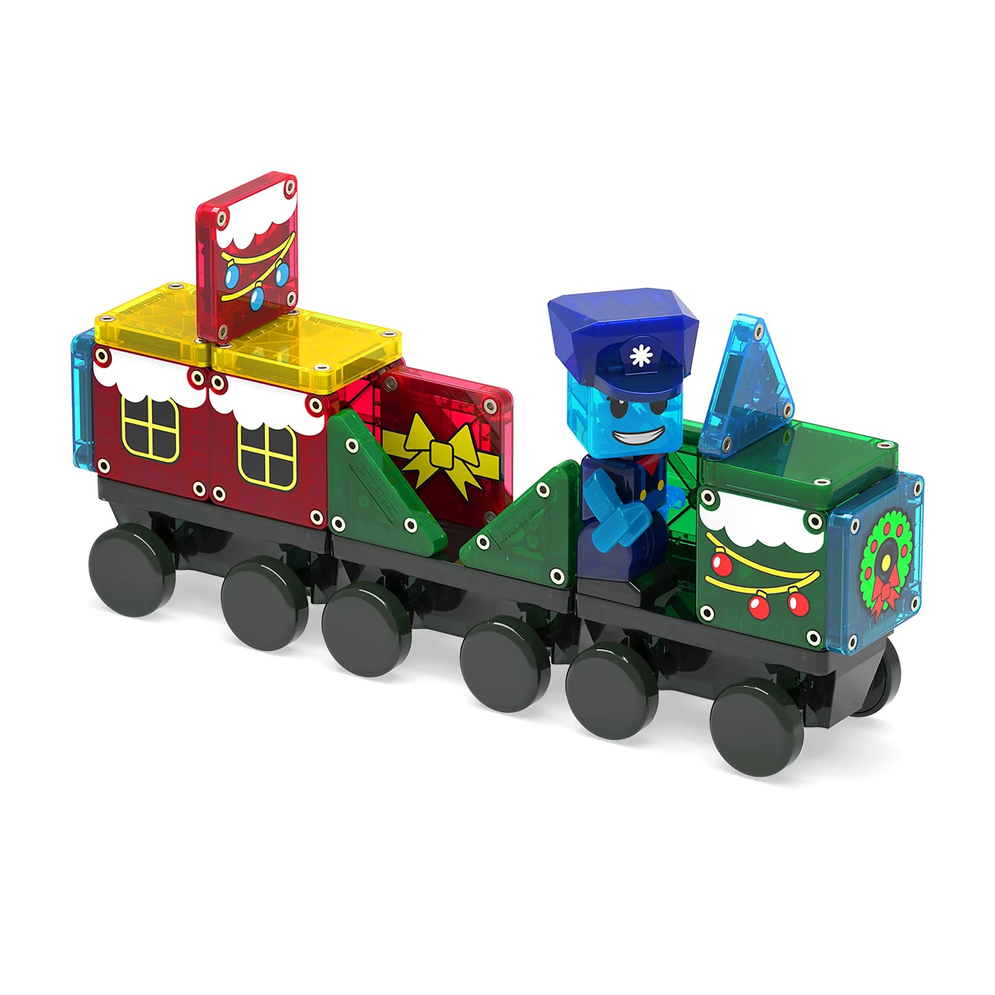 Magnetic Magna Tiles Advent Calender 2025 kersttrein gemaakt met 34 magnetische tegels en kleurrijke Sinterklaas cadeau details.