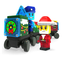 Kerstman en treinfiguur uit Magnetic Magna Tiles Advent Calender 2025 opgebouwd met 34 magnetische bouwstenen en kerstdesigns.