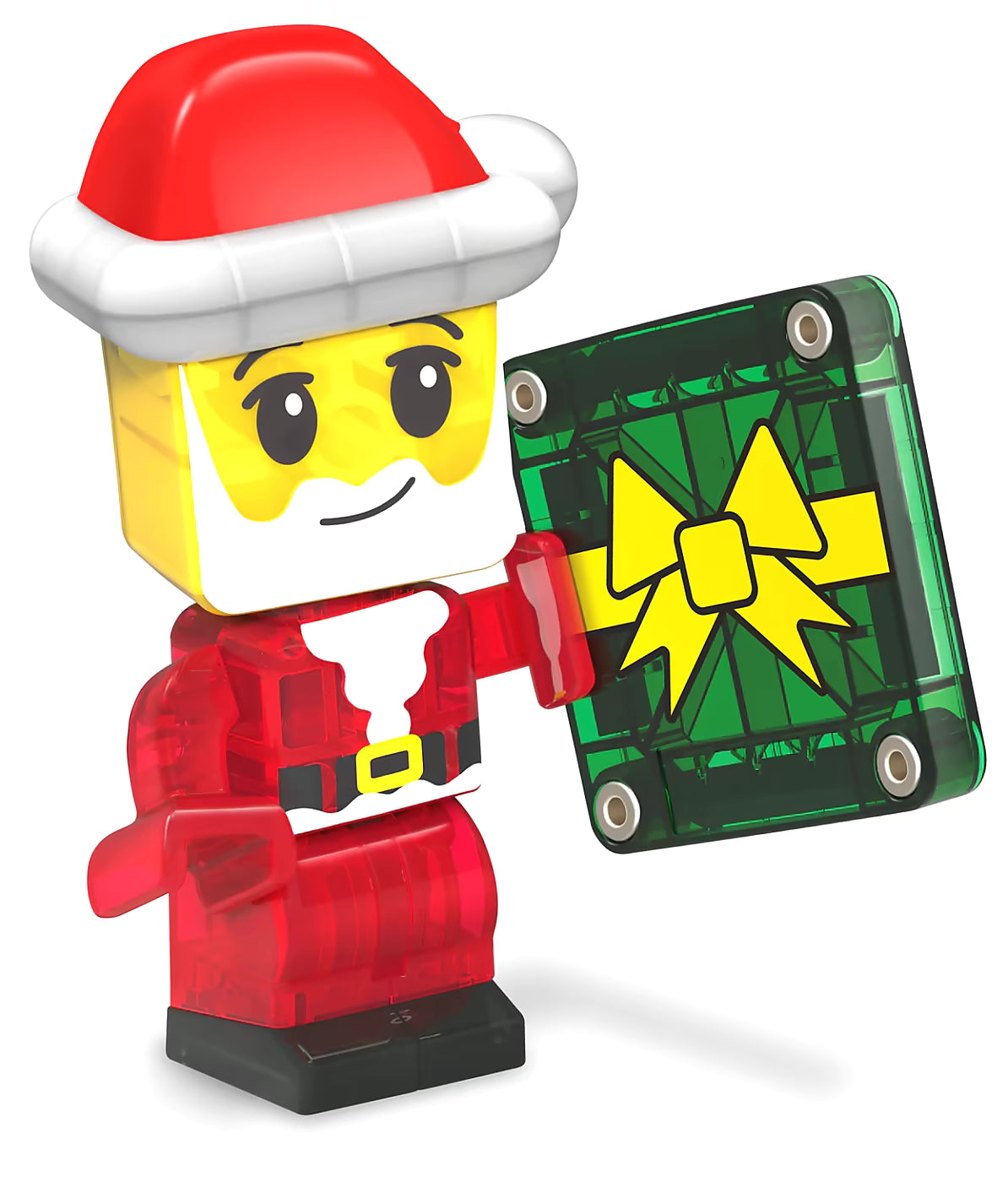 Kerstman figuur uit Magnetic Magna Tiles Advent Calender 2025, gemaakt van rode en gele tegels met kerstcadeau accessoire.