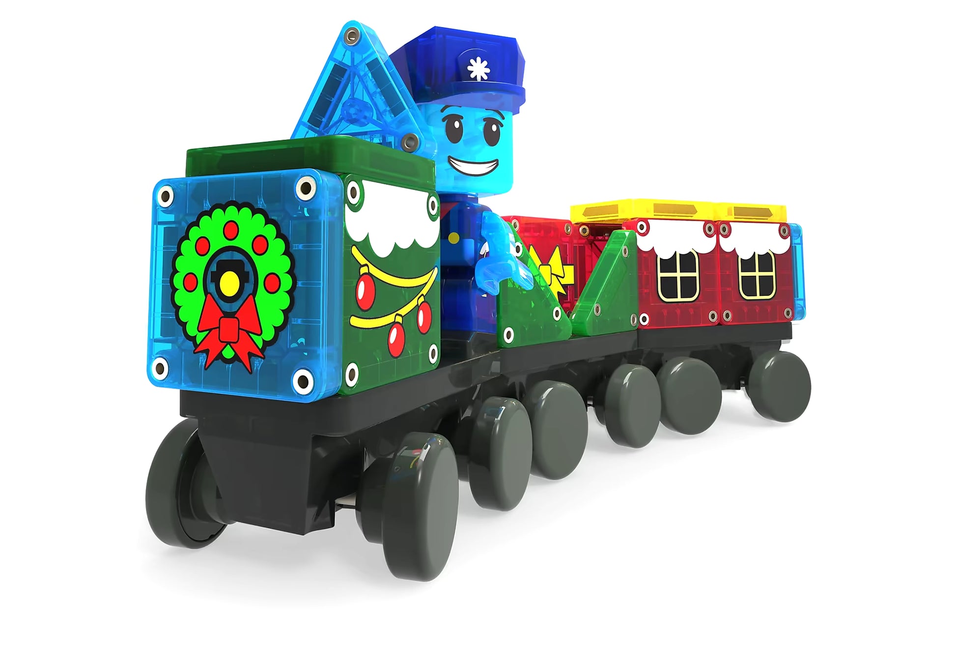 Detailfoto van Magnetic Magna Tiles Advent Calender 2025 kersttrein opgebouwd uit magnetisch speelgoed met MicroMags machinist.