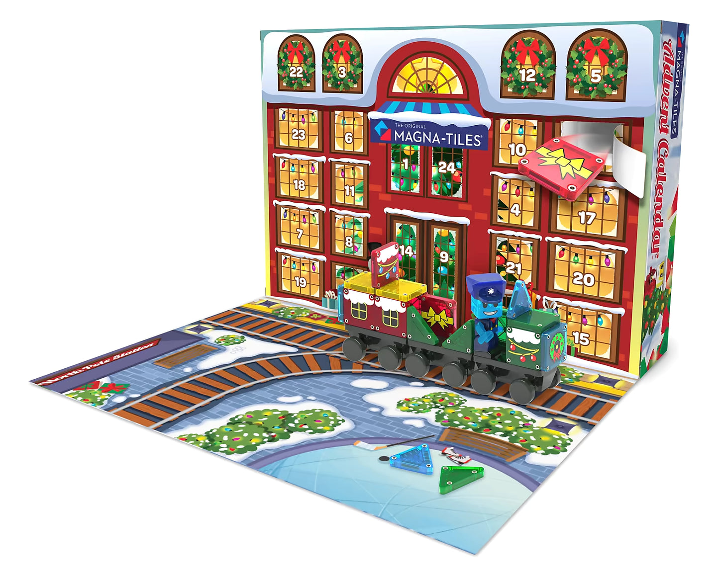 Uitgeklapte speelset van Magnetic Magna Tiles Advent Calender 2025 met magneet speelgoed, kersttrein en kleurrijke speelmat.