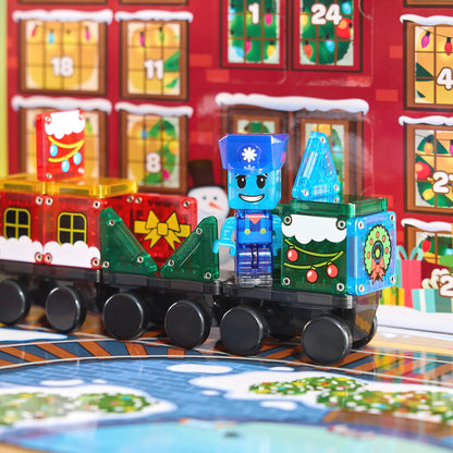 Magnetic Magna Tiles Advent Calender 2025 trein gemaakt van 34 magnetische bouwstenen met blauw MicroMags poppetje.