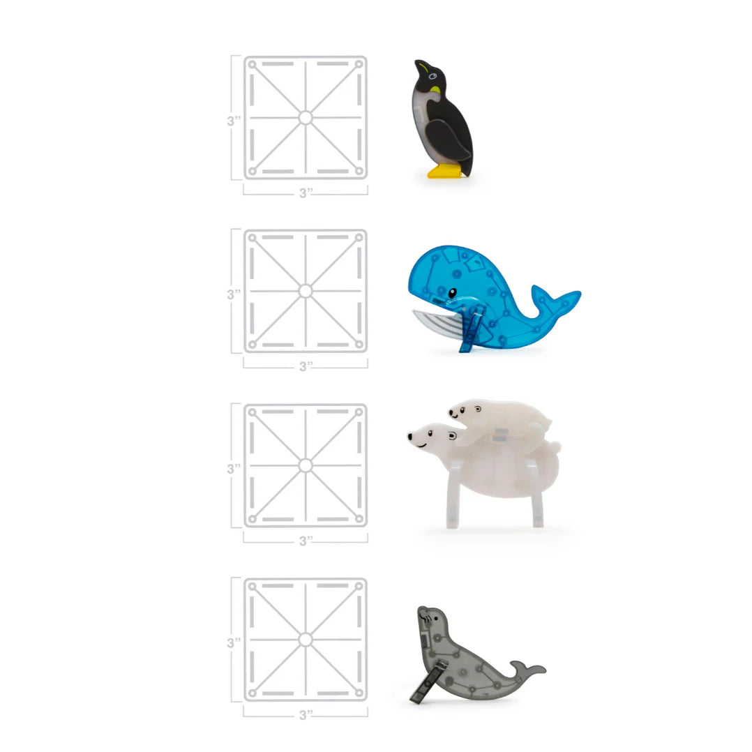 Magnetic Magna Tiles Arctic Animals, in blauw en grijs, met een pinguin, zeehond, walvis en ijsberen met maattabel.