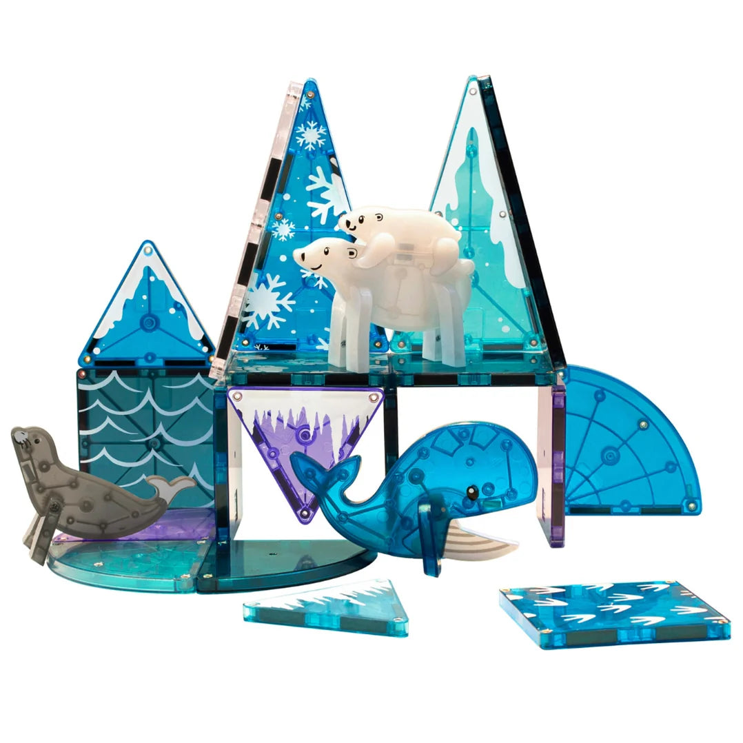 Magnetisch speelgoed van Magna Tiles Arctic Animals met ijsbeer, walvis, zeehond en sneeuwtegels in blauw-witte bouwset.
