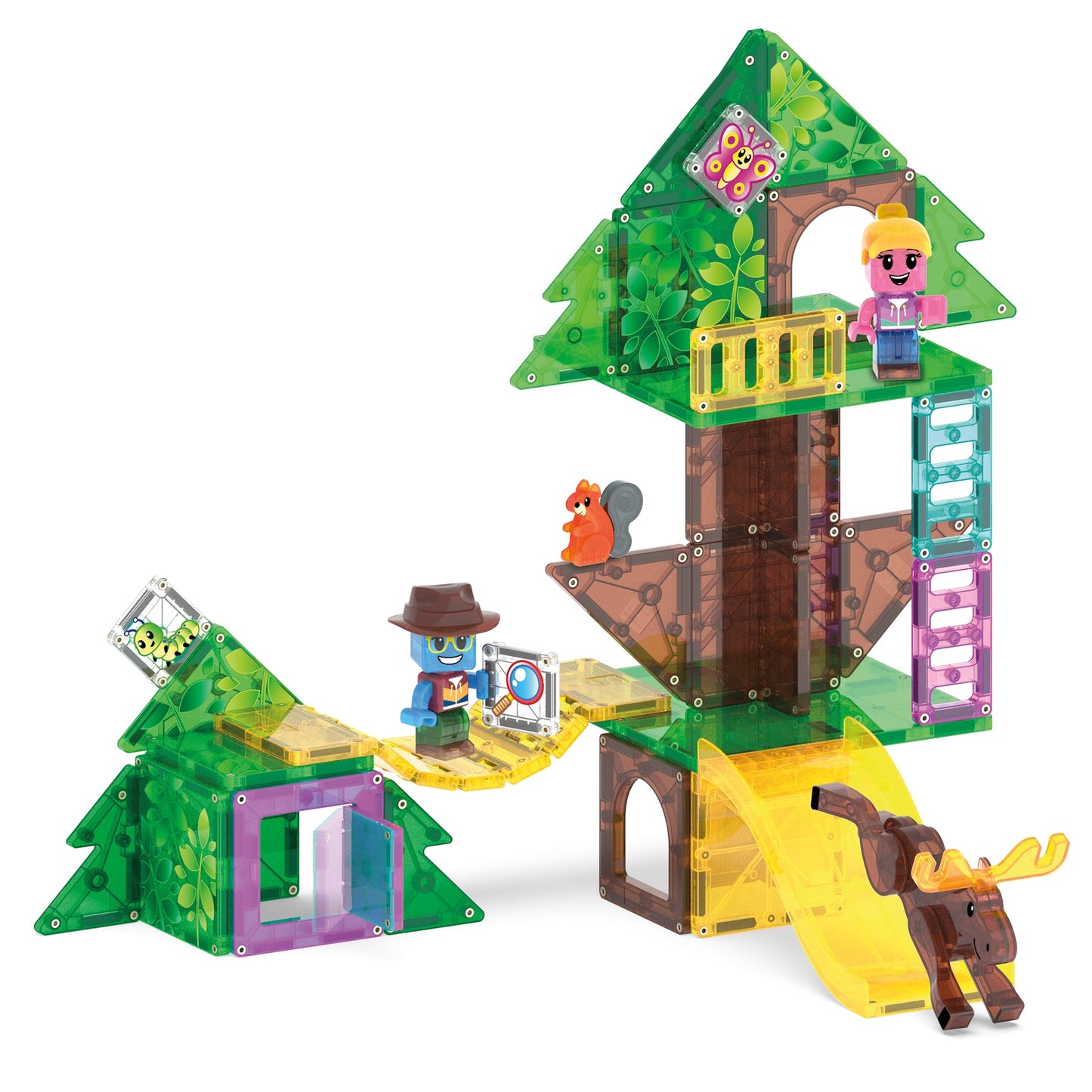 Magnetic magna tiles boomhut configuratie met hangbrug, magnetisch valluik en kleurrijke tegels