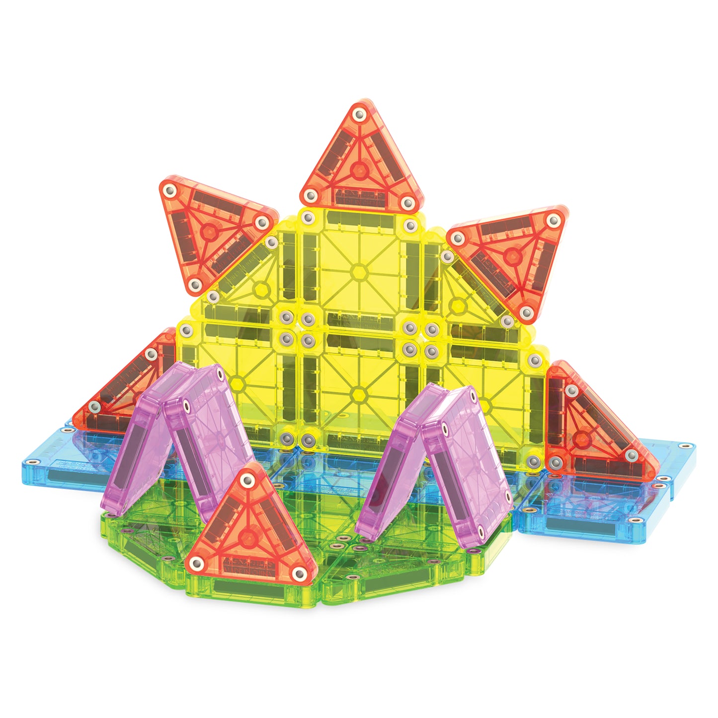 Magnetic magna tiles bouwcreatie met 55 magnetische tegels in oranje, geel, blauw en paars kunststof