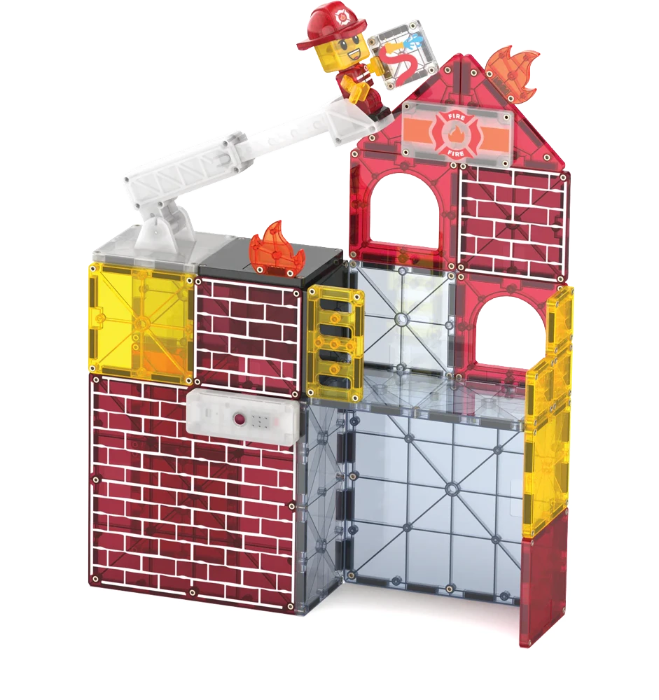 Magnetische Fire Station met rode bakstenen look en gele ladders, gemaakt van magneet speelgoed.