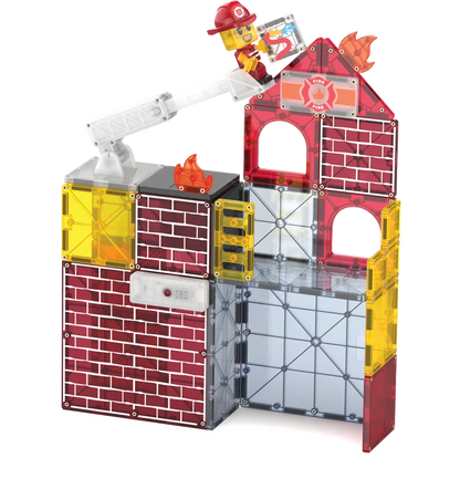 Magnetische Fire Station met rode bakstenen look en gele ladders, gemaakt van magneet speelgoed.