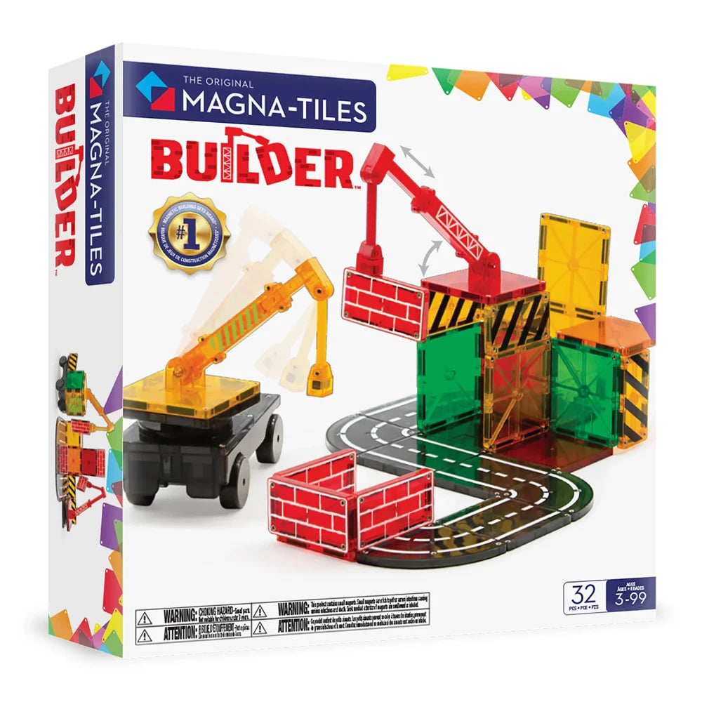 Voorzijde van Magnetic Magna Tiles Builder doos met 32 magnetische bouwstenen, magneet speelgoed met kranen en wegdelen.
