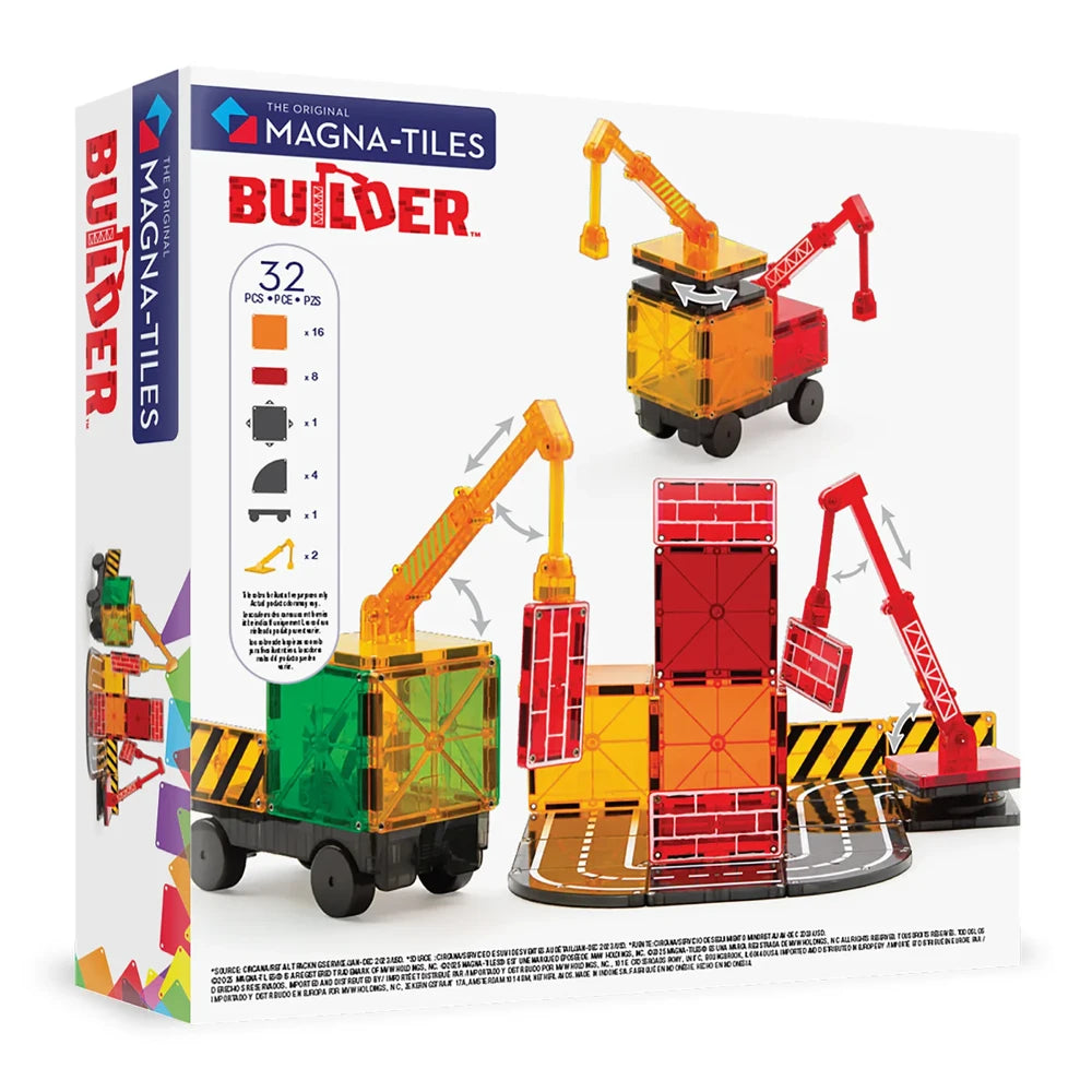 Achterkant van Magnetic Magna Tiles Builder doos met 32 magnetische bouwstenen, kleurrijk magneet speelgoed met hijskranen.