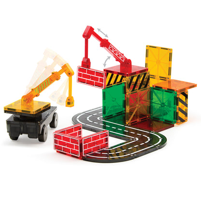 Magnetic magna tiles Builder complete set met 32 magnetische tegels, kranen en road tiles arrangement