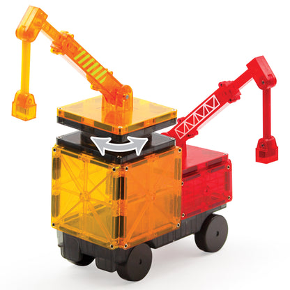 Magnetic magna tiles Builder draaibare kraanwagen detail met geel-oranje 32 magnetische tegels close-up