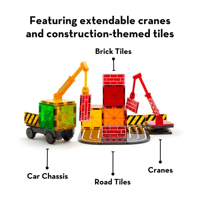 De Magnetic Magna Tiles builder set bevat magnetische tegels: bouwkranen, rode bakstenen en een groen chassis met wegtegels.
