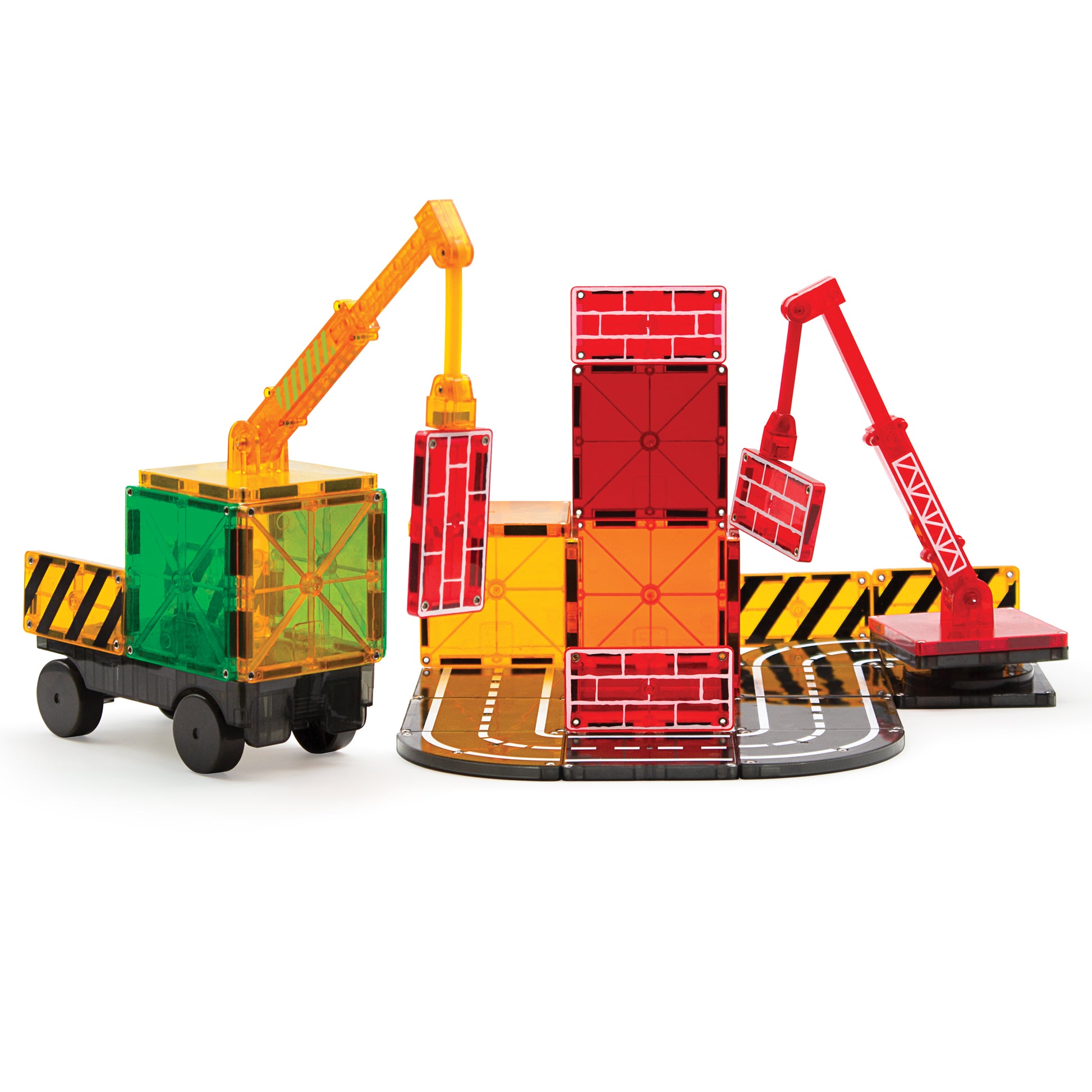 Magnetic magna tiles Builder vooraanzicht met 32 magnetische tegels, kranen en bouwsteentjes