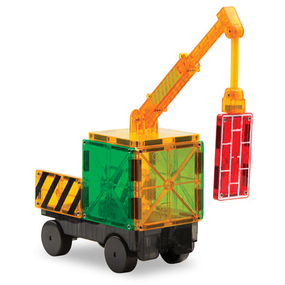 Magnetic magna tiles Builder vrachtwagen met oranje kraan en brick tiles, magnetisch speelgoed detail