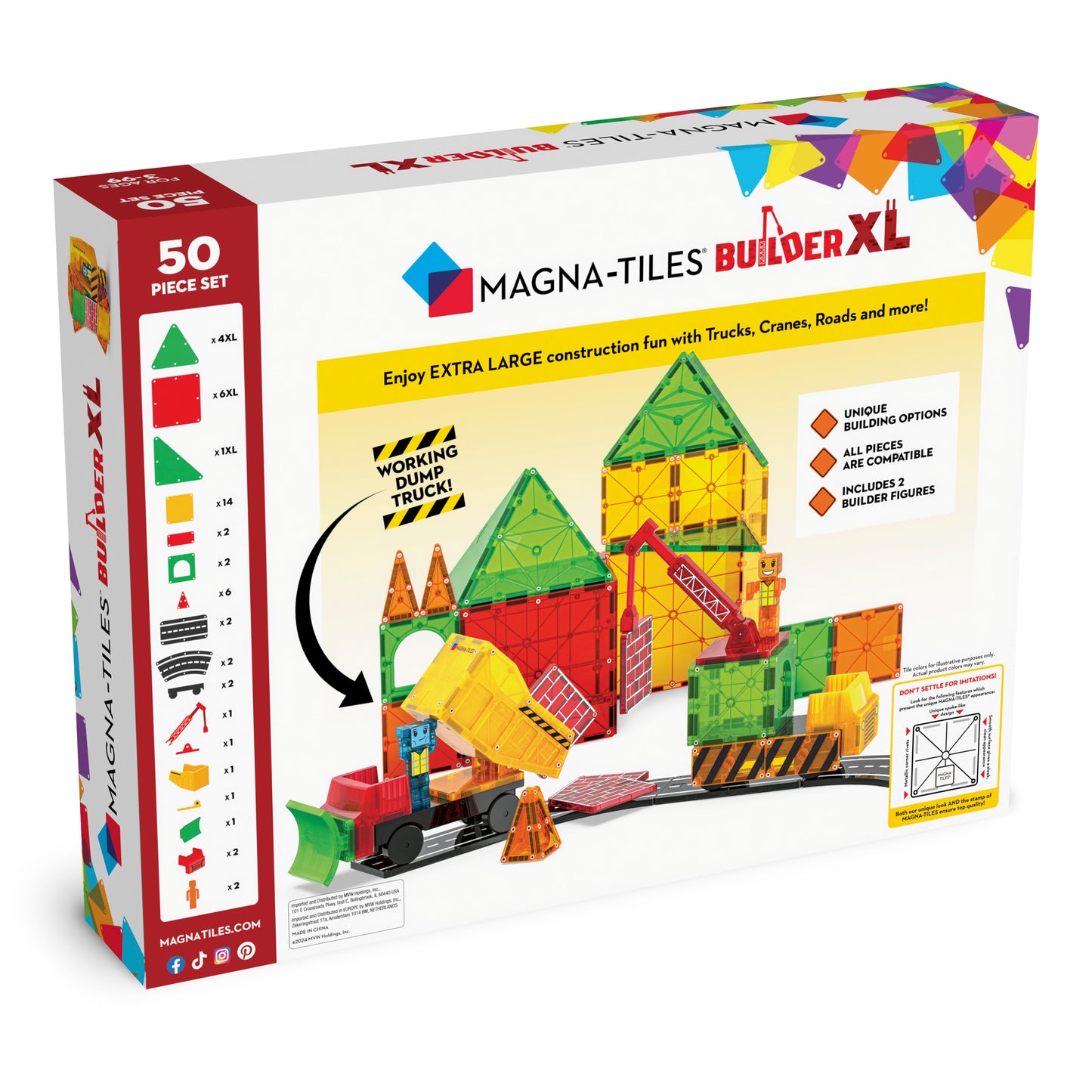 Magnetic magna tiles Builder XL achterzijde verpakking met productinformatie en inhoud overzicht