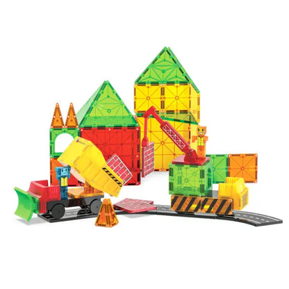Magnetic Magna Tiles Builder XL met 50 magnetische bouwstenen in geel en groen, met vrachtwagen, kraan en bouwfiguren.