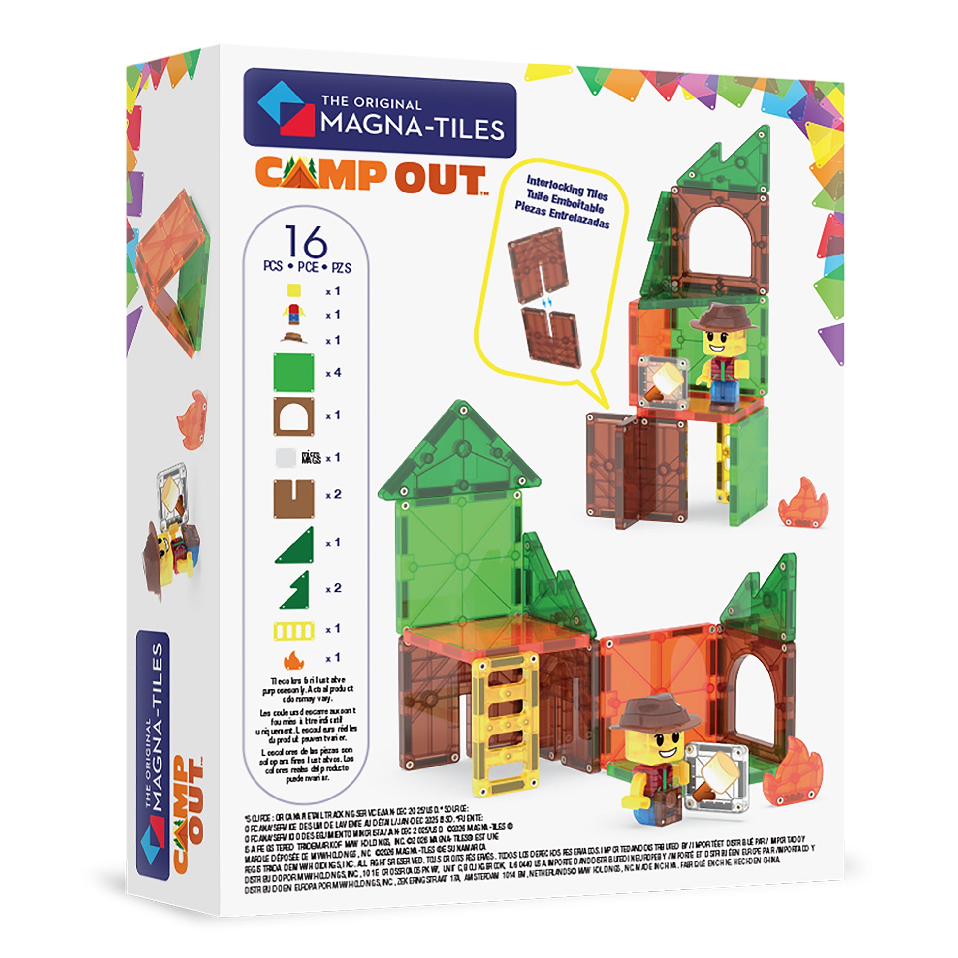 Magnetic magna tiles Camp Out achterzijde verpakking met 16 magnetische onderdelen overzicht