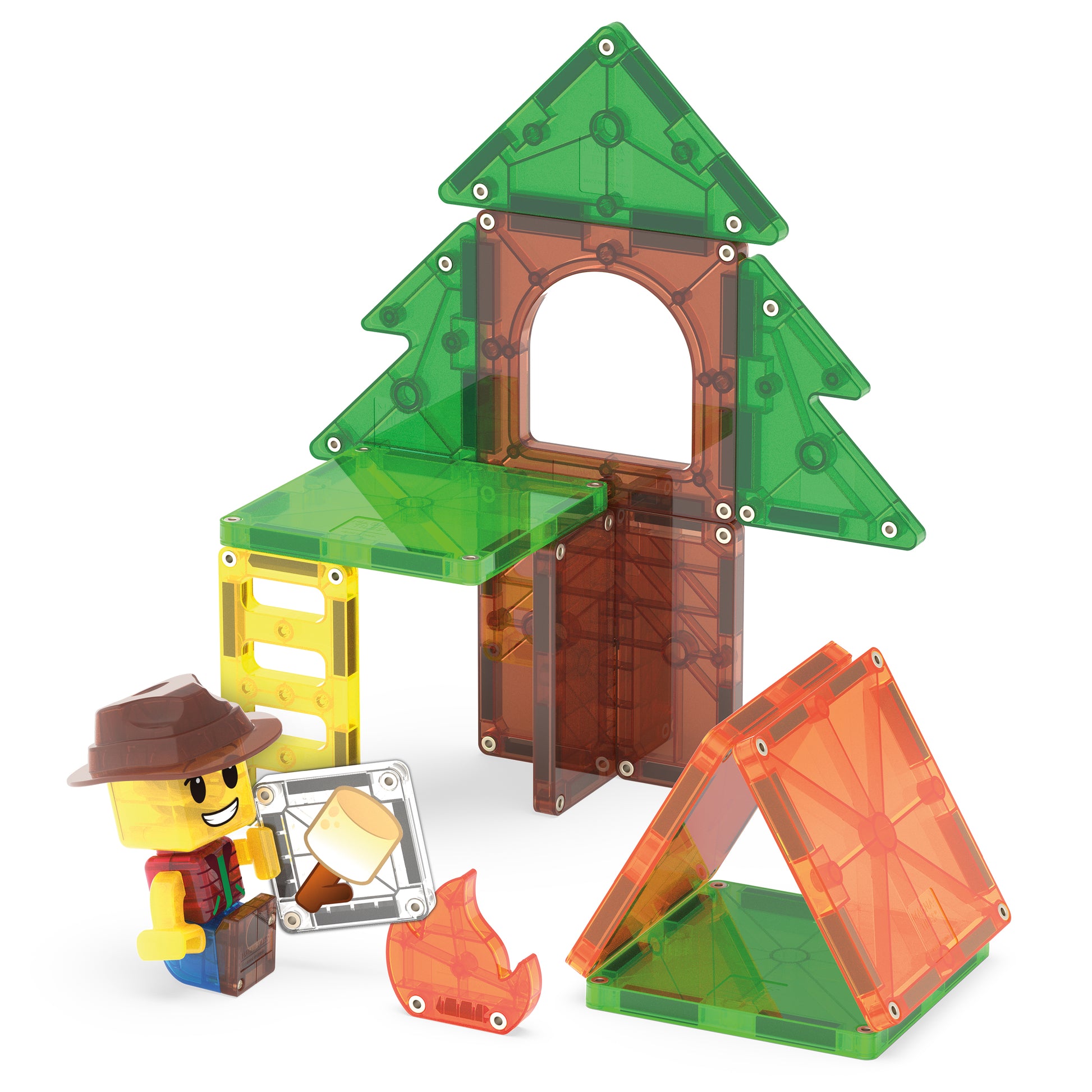 Magnetic magna tiles Camp Out detailfoto boomhut constructie met ontdekker en kampvuur elementen