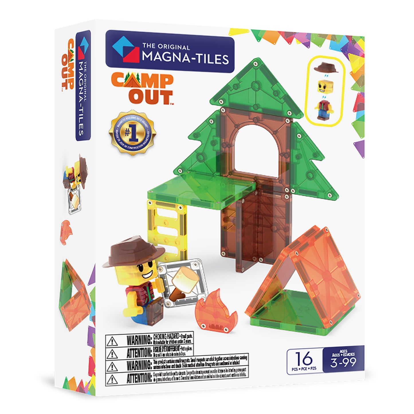 Magnetic magna tiles Camp Out voorkant verpakking met boomhut, tent en 16 magnetische onderdelen