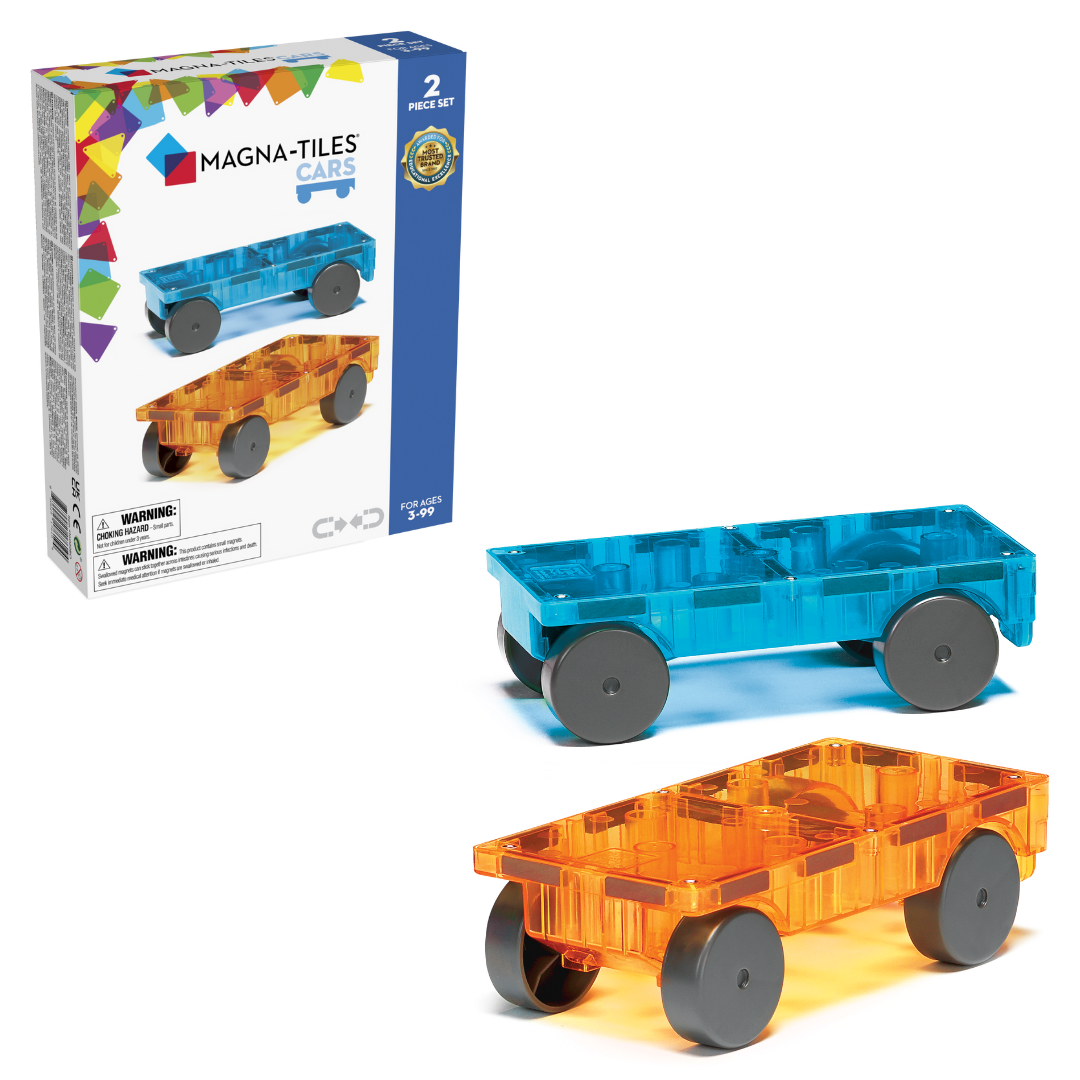 Magnetic magna tiles Cars Set met verpakking en 2 magnetische autos in blauw en oranje transparant