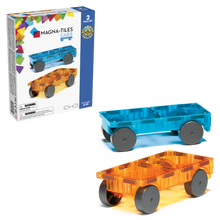 Magnetic magna tiles Cars Set met verpakking en 2 magnetische autos in blauw en oranje transparant