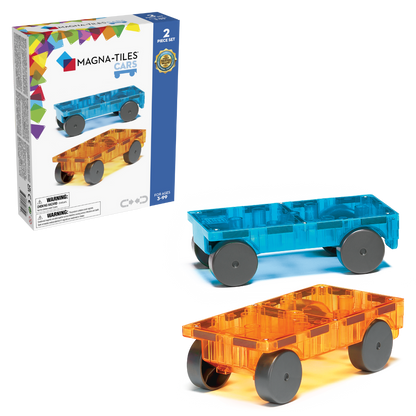Magnetic magna tiles Cars Set met verpakking en 2 magnetische autos in blauw en oranje transparant