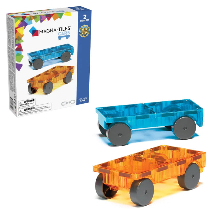 De magnetic Magna Tiles cars set bevat 2 magnetische transparante auto onderstellen, één blauw en één oranje met doos.