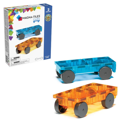 De magnetic Magna Tiles cars set bevat 2 magnetische transparante auto onderstellen, één blauw en één oranje met doos.