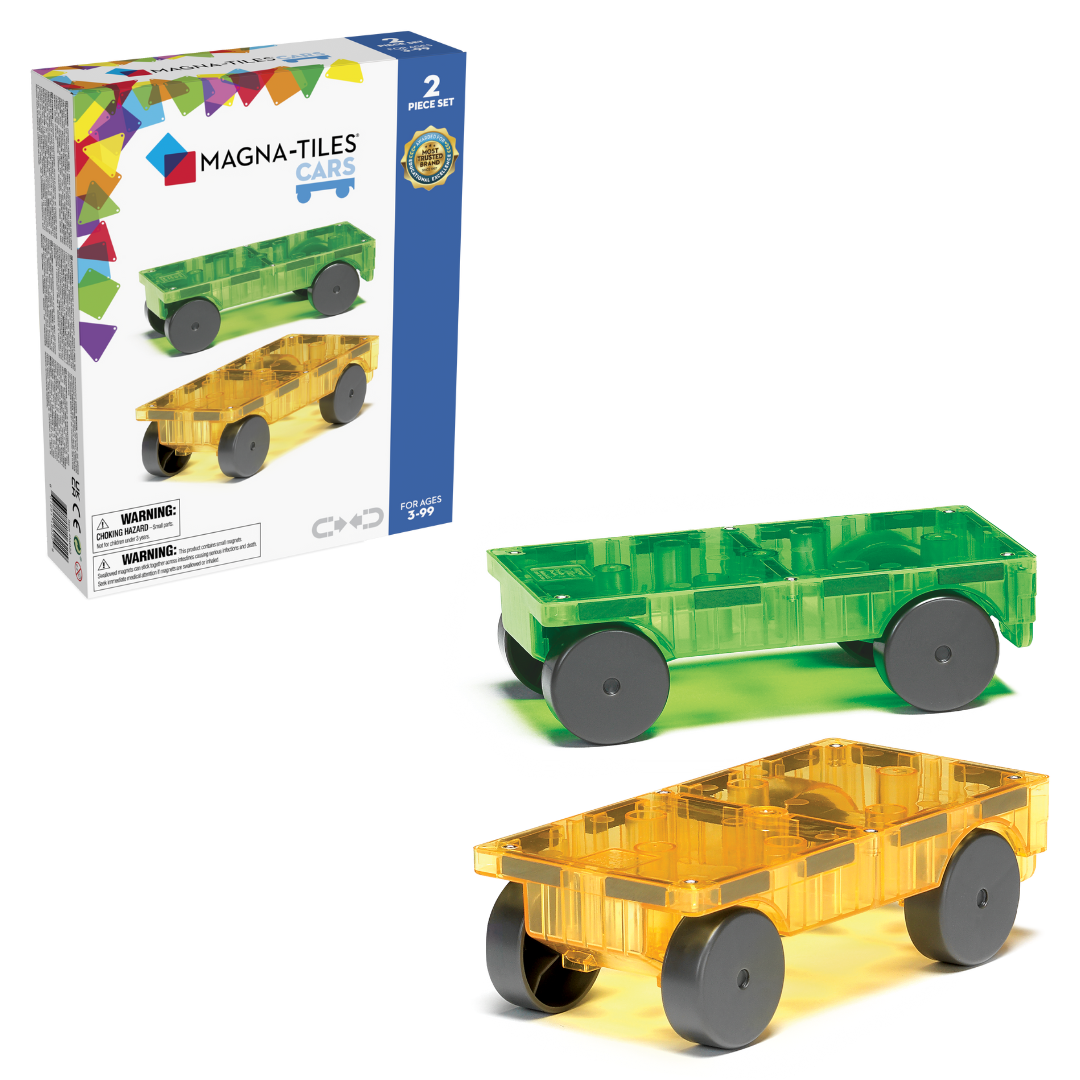 Magnetic magna tiles Cars Set met 2 magnetische autos groen en geel plus verpakking op witte achtergrond