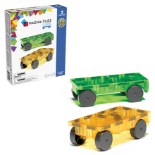 Magnetic magna tiles Cars Set met 2 magnetische autos groen en geel plus verpakking op witte achtergrond