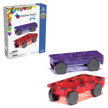 Magnetic magna tiles Cars Set met paarse en rode magnetische autos en verpakking op witte achtergrond