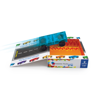 Magnetic magna tiles Cars Set openstaande verpakking met speelmat en 2 magnetische tegels in blauw