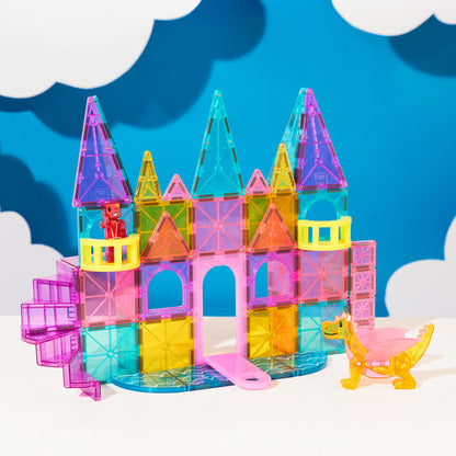Magnetic magna tiles CASTLE DXL voorkant gebouwd kasteel met MicroMags figuur en 48 magnetische tegels