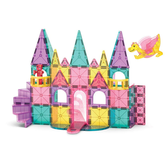 Kleurrijk magnetisch speelgoedkasteel met 48 magnetische bouwstenen van Magna Tiles, inclusief MicroMags figuren en draak.