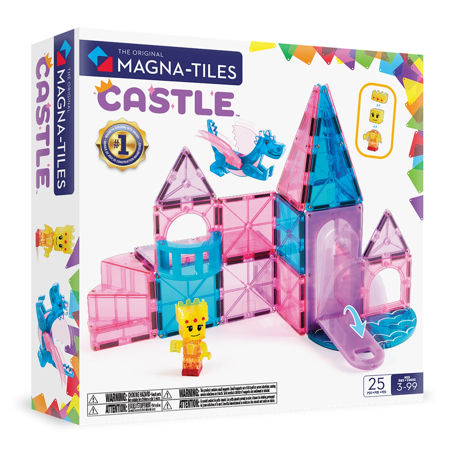 Magnetic magna tiles Castle voorkant verpakking met 25 magnetische tegels in roze, blauw en paars