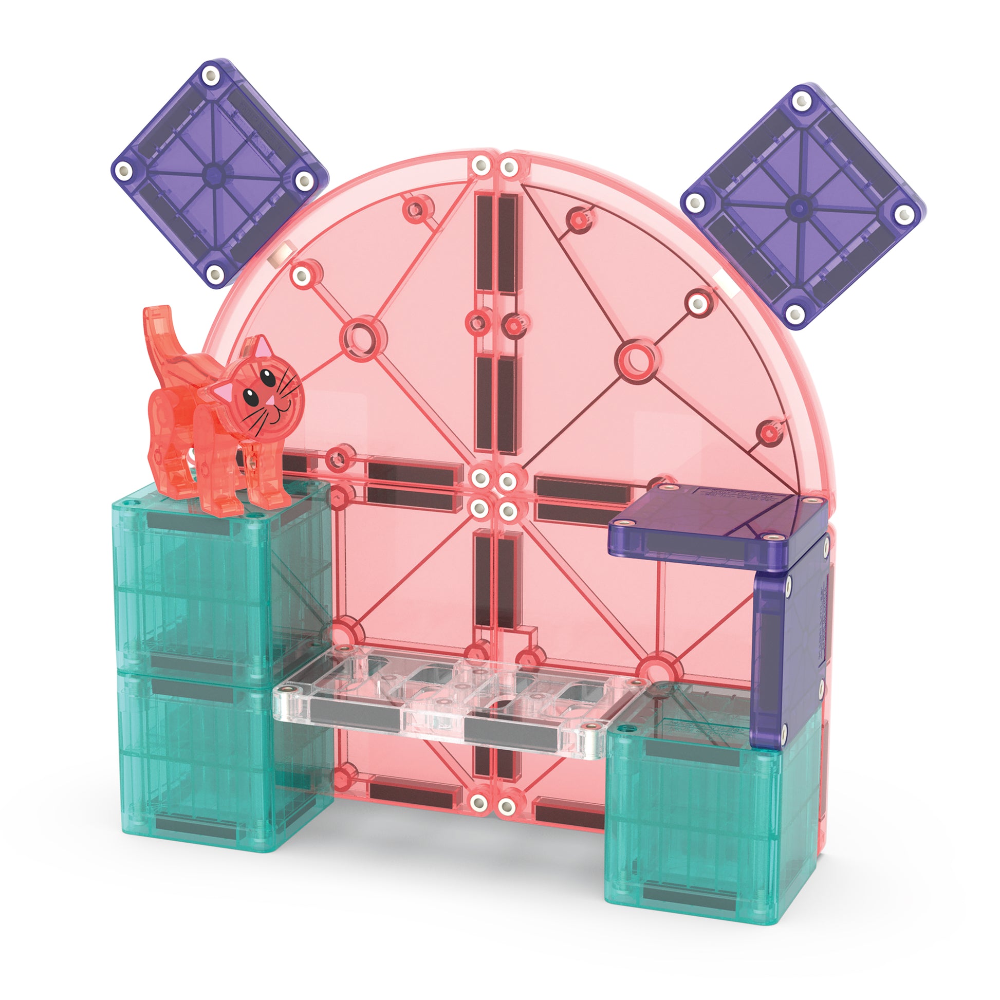 Magnetic magna tiles Cat Tree huisje met roze, paarse en turquoise 13 magnetische tegels