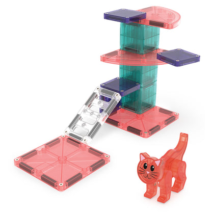 Magnetic magna tiles Cat Tree klimconstructie met trap en oranje magnetisch speelgoed katje