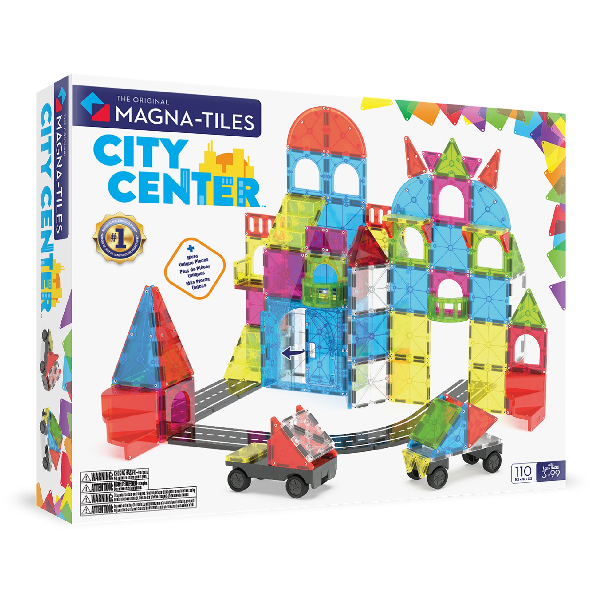 Magnetic magna tiles City Center voorkant verpakking met 110 magnetische tegels en kleurrijk stadsmodel