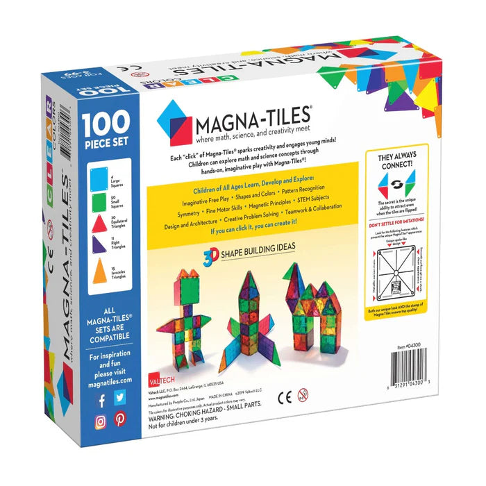 Achterkant doos van magnetic Magna-Tiles classic met 100 magnetische bouwstenen en 3D bouw ideeën voor magneet speelgoed.