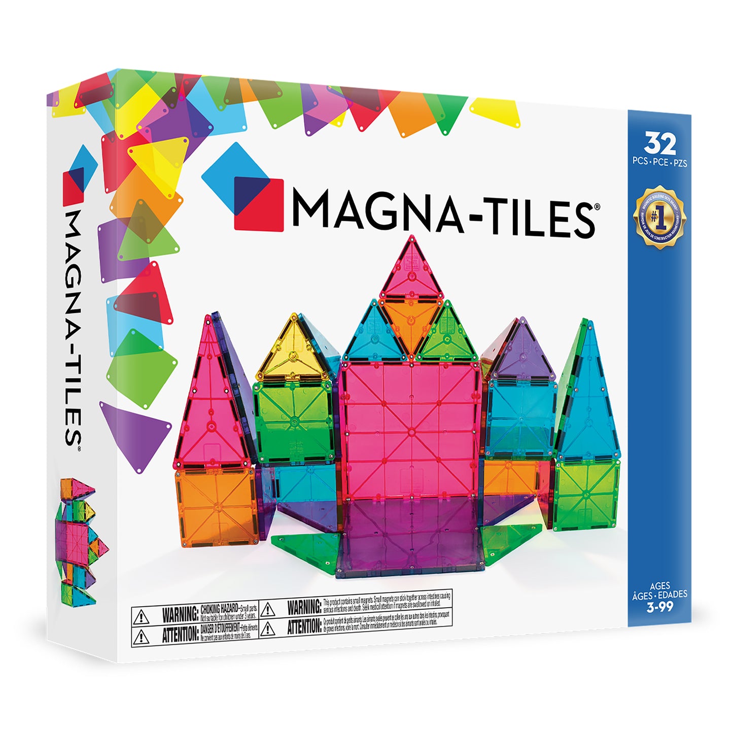 Magnetic magna tiles classic set 32 stuks voorkant verpakking met kleurrijk kasteel en logo