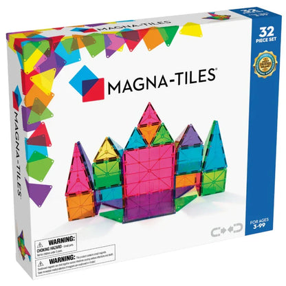 Voorzijde van de doos van Magnetic Magna Tiles Classic Set met 32 kleurrijke magnetische bouwstenen magneet speelgoed.