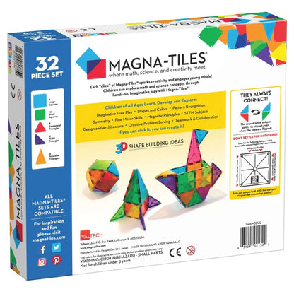 Achterkant van Magnetic Magna Tiles Classic Set doos met 3D-vormen, magneet speelgoed met 32 magnetische bouwstenen.