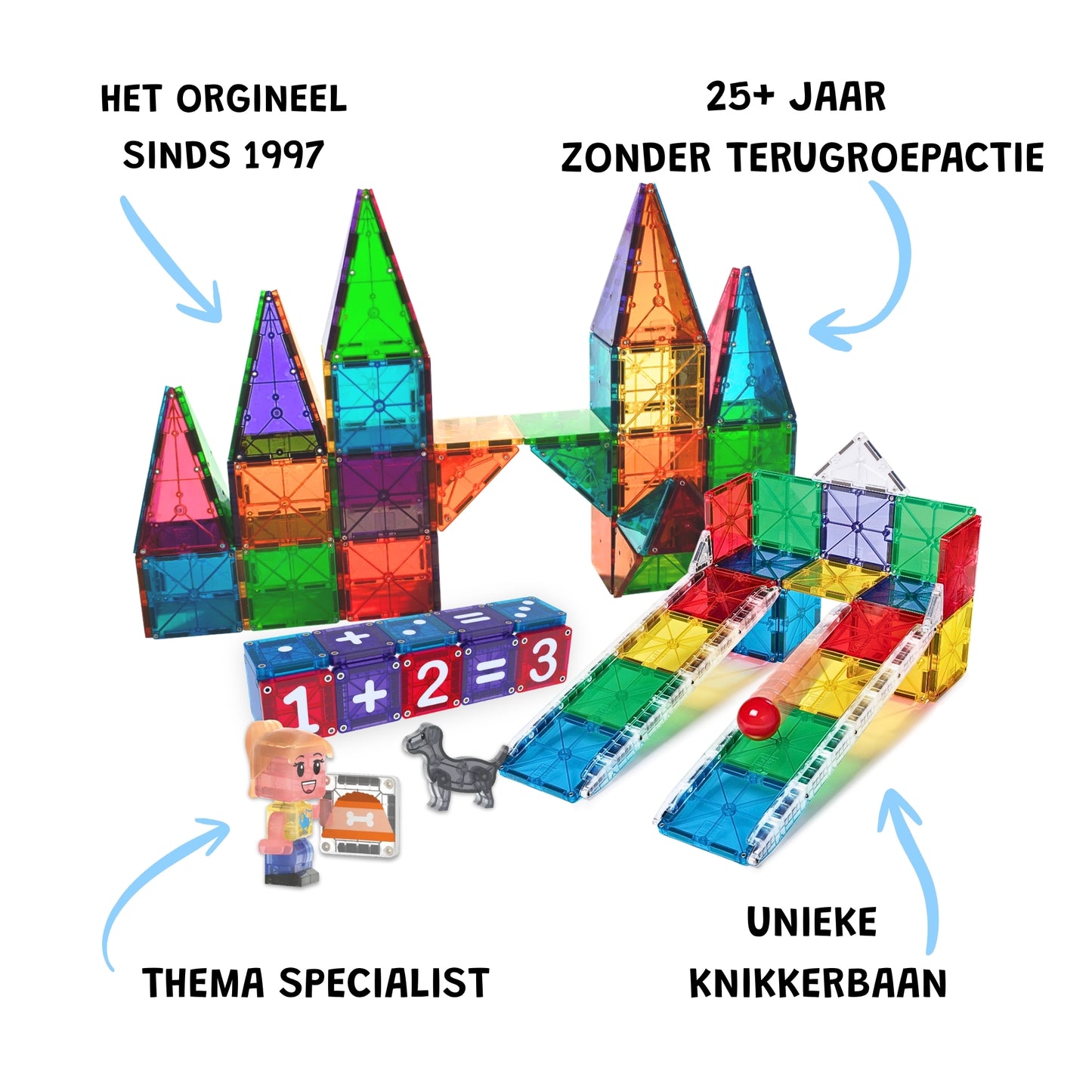 Magnetic magna tiles collectie met kastelen en knikkerbaan, origineel sinds 1997, 25+ jaar kwaliteit