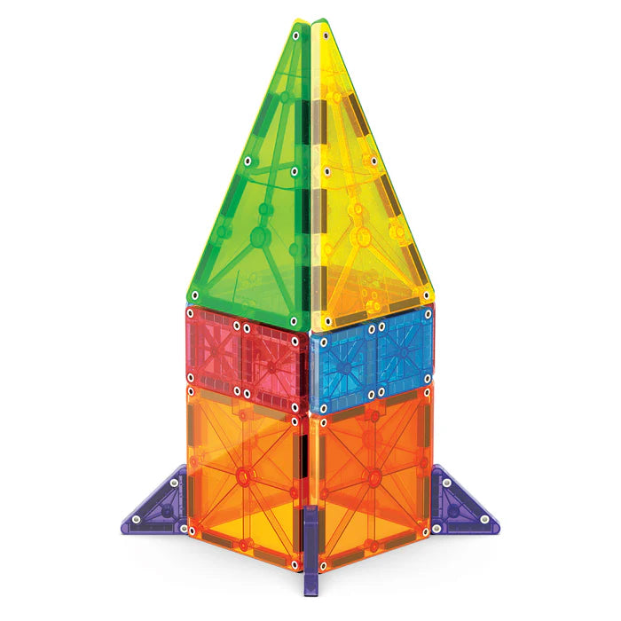 Magnetische Magna Tiles Combo met MicroMAGS set: kleurrijke bouwset in raketvorm met groen, geel, rood, blauw en oranje.